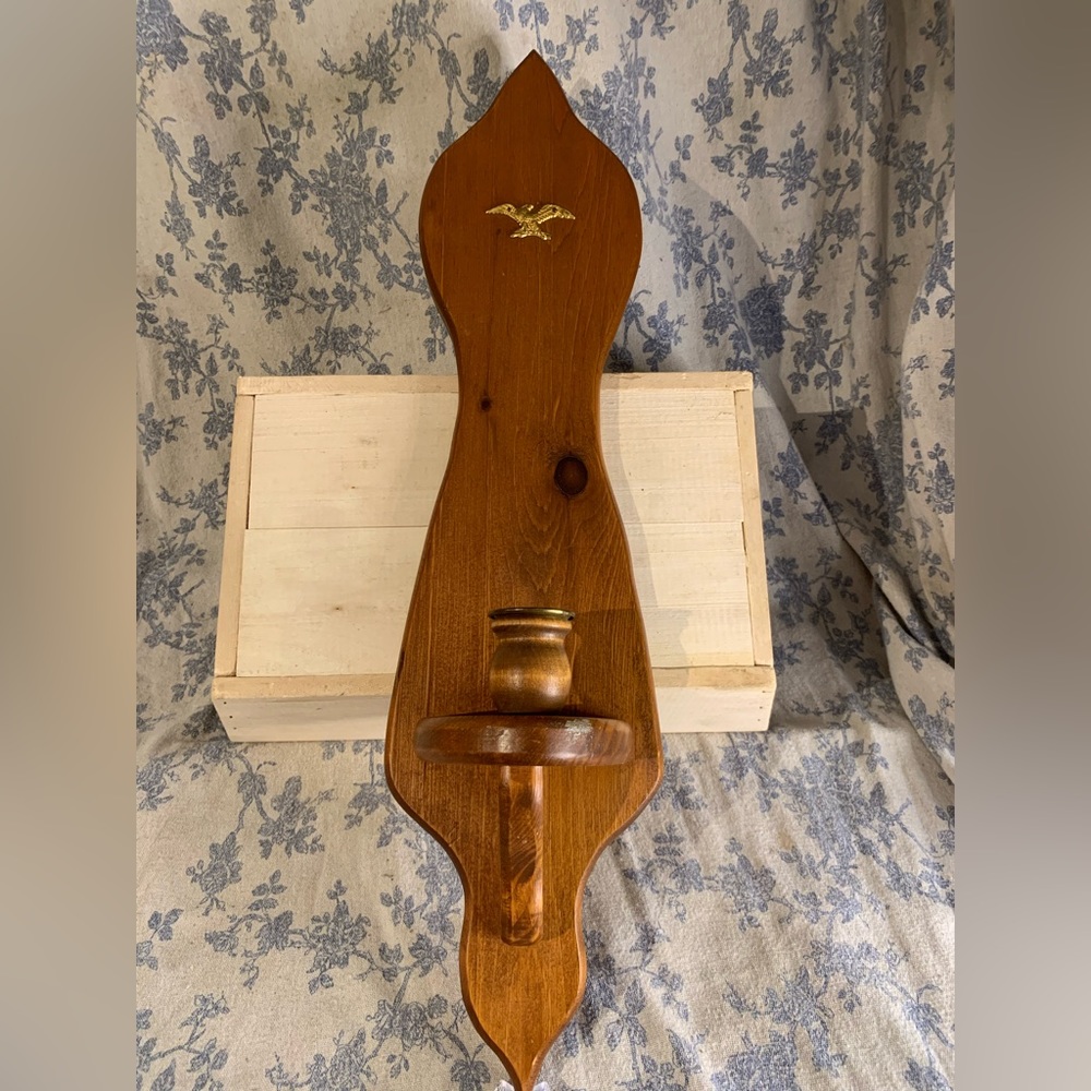 VTG 22" Handmade Wooden Candle Holder Wall Sconce with Brass Eagle
